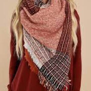 NIB BLANKET SCARF Cabincore Plaid Stripe Warm Shawl Brown Oversized Wrap 50"x50"